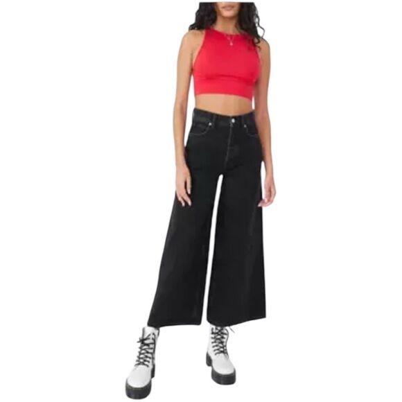 Free People Landy Wide Leg Cropped Button-fly Jean in Black Size 24 - Picture 1 of 9